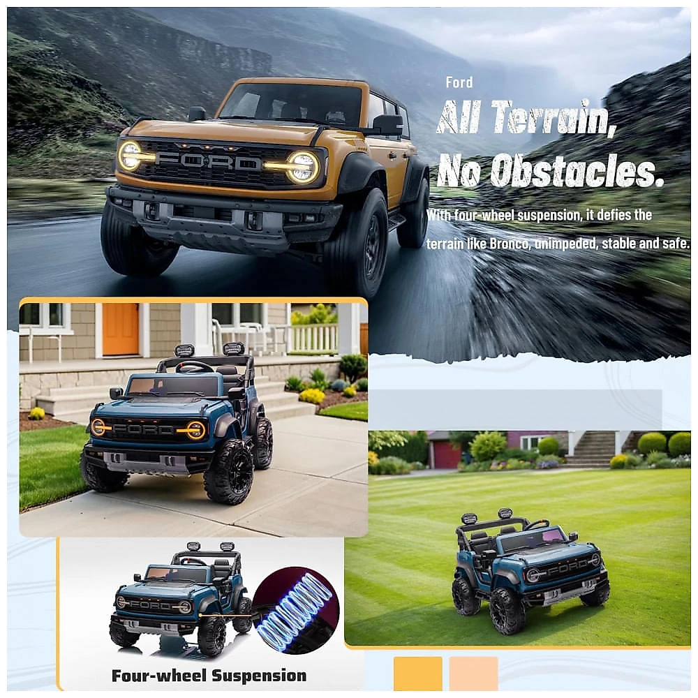 Carrinho Elétrico Licenciado Infantil 2 Lugares 24V, Ford Bronco Raptor 4x4, 2 Motores 90W, Bluetooth, Suspensão 4 Rodas, Controle Remoto, YOFE, Azul