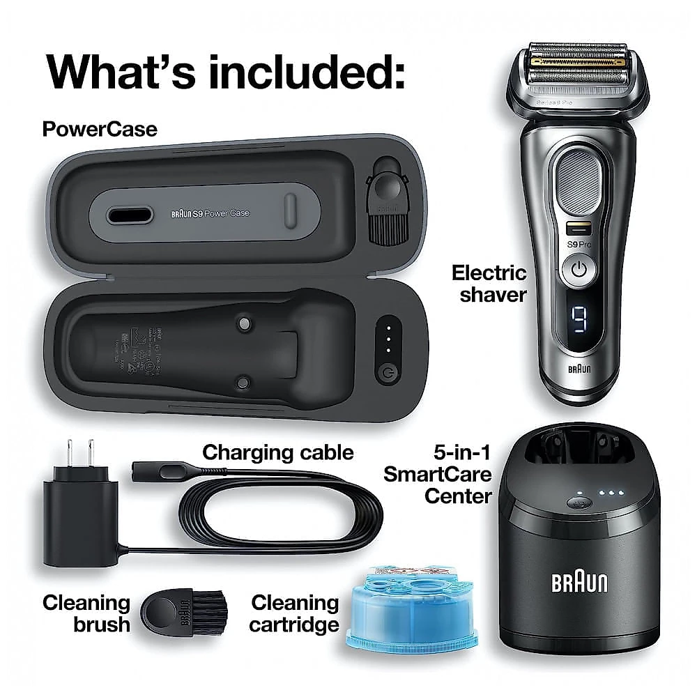 Barbeador Elétrico Masculino Portátil 5 em 1 Braun 9477cc com Acessórios e PowerCase, Prata