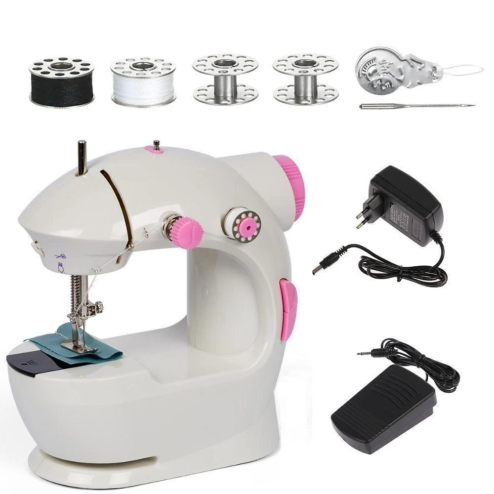 Mini Máquina de Costura Elétrica Portátil Reta Doméstica 750 Pontos com Pedal e Kit Bobinas Bivolt