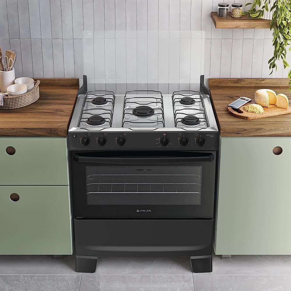 Fogão 5 Bocas Atlas Mônaco Plus Mesa De Inox Bivolt Preto