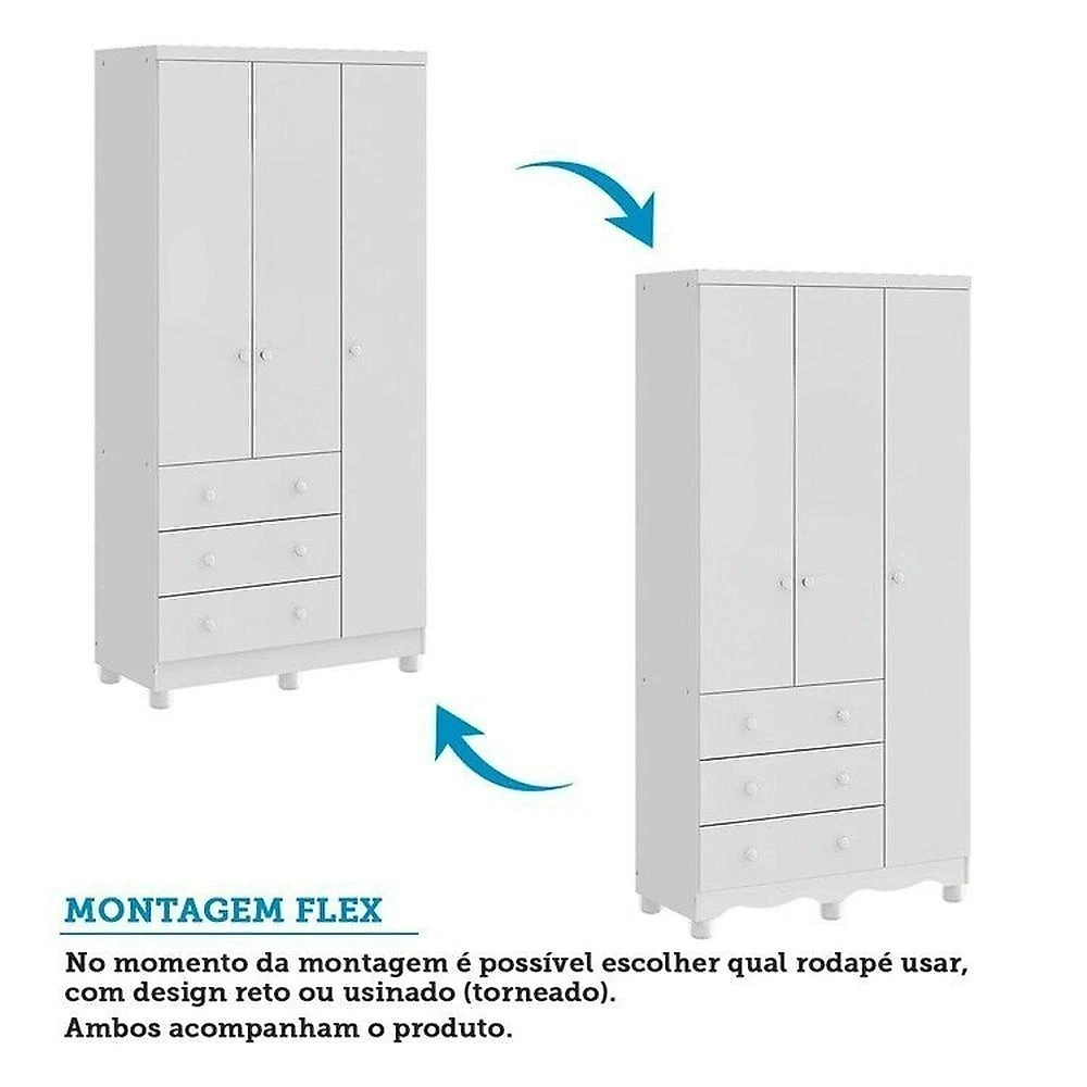 Quarto de Bebê com Guarda-roupa 3 Portas Cômoda e Berço 4em1 Minicama 100% Mdf Mike Espresso Móveis Branco Brilho/Amêndoa