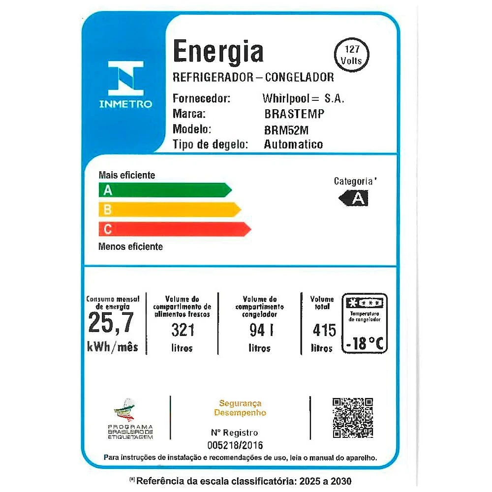 Geladeira Frost Free BRM52MB Duplex 415 Litros Extrafrio Brastemp Branco - 110V