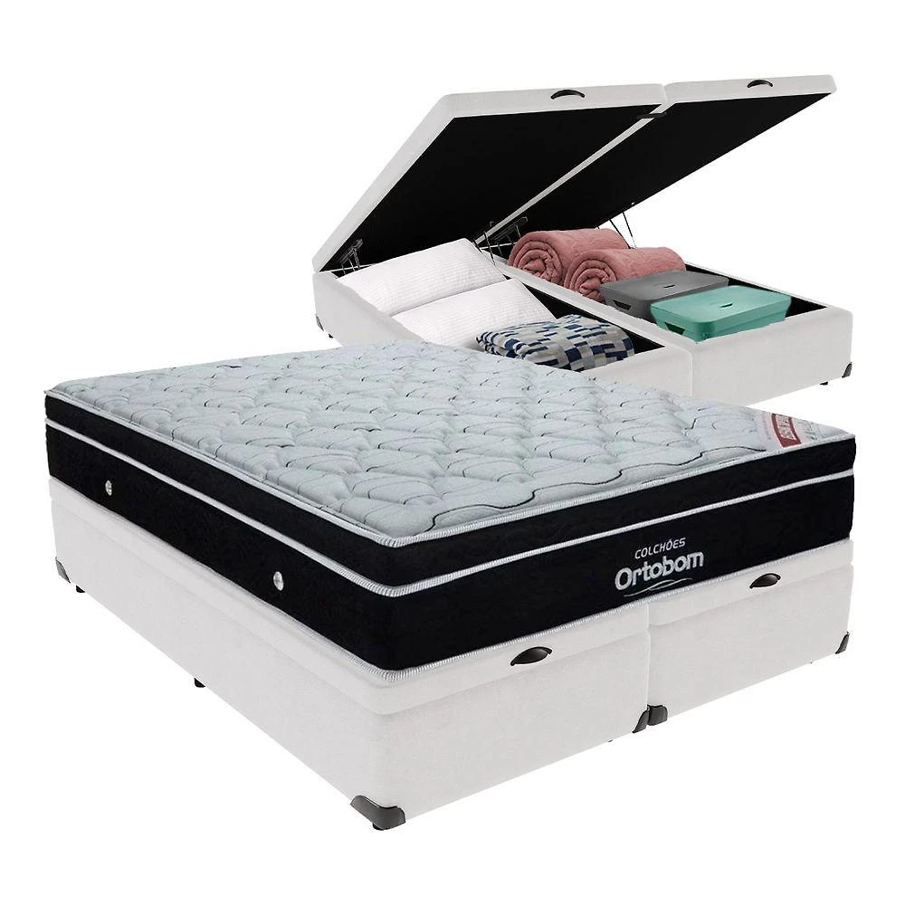 Cama+ Box Com Bau Ortobom Colchão Queen Com Molas Ensacadas Branco
