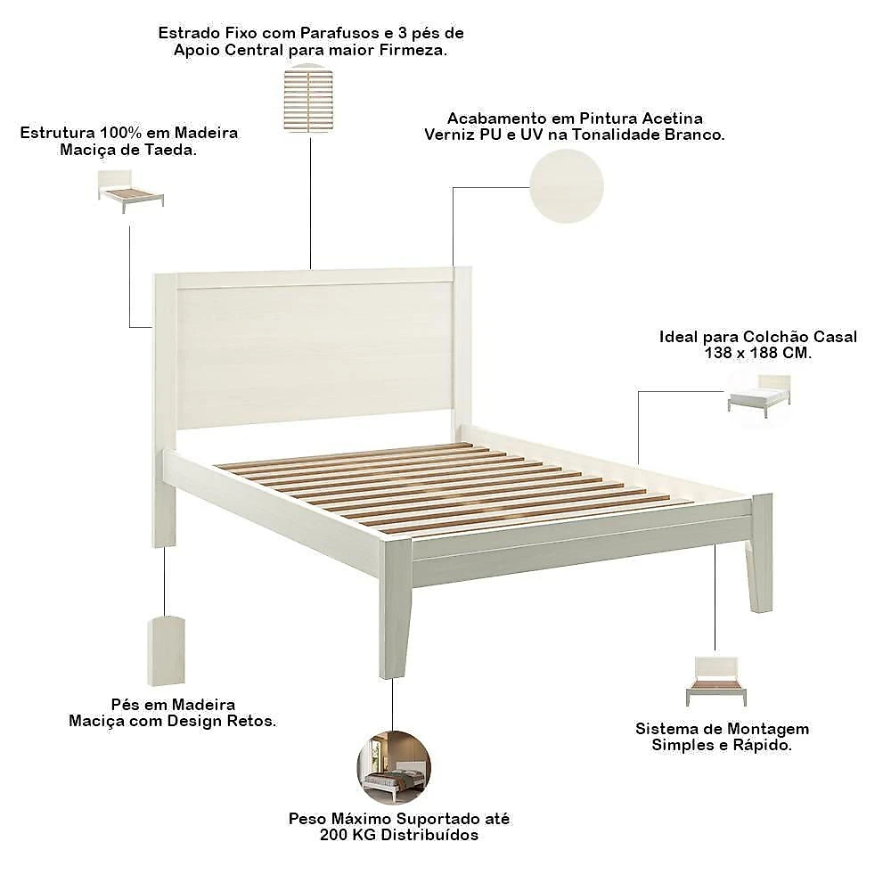 Cama Queen Mazzaro F06 com Estrado Fixo em Madeira Maciça Lyam Decor