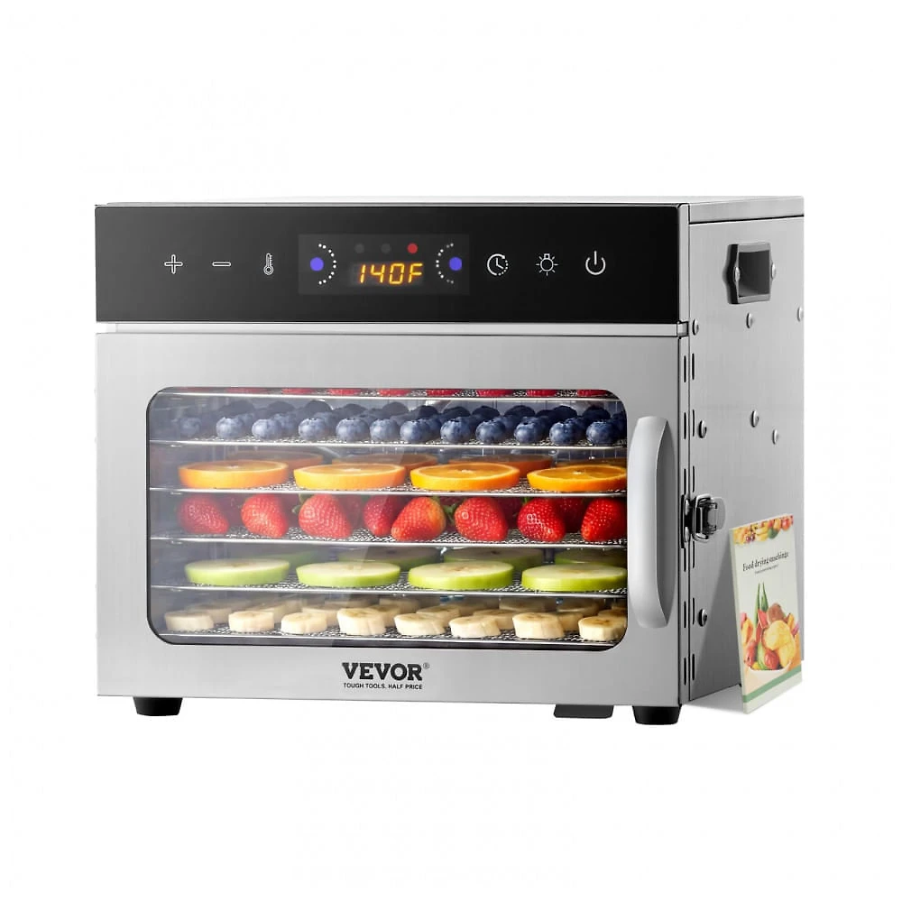 Desidratador de Alimentos VEVOR H6-C001 Prata 6 Bandejas Aço Inox 400W Timer 24h 240V