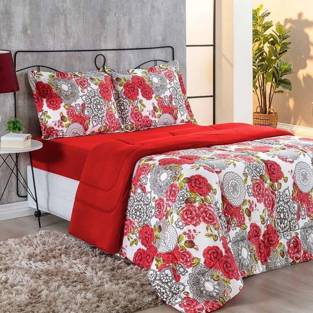 Edredom Malha 100% Algodão Primavera 1 Peça King - Floral Vermelho