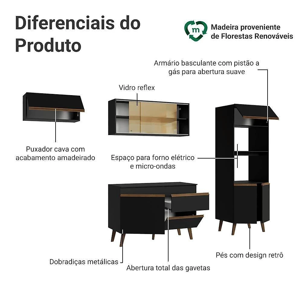 Cozinha Completa Pieta 8 Portas 1 Gaveta MDP 260CM Preta Madesa