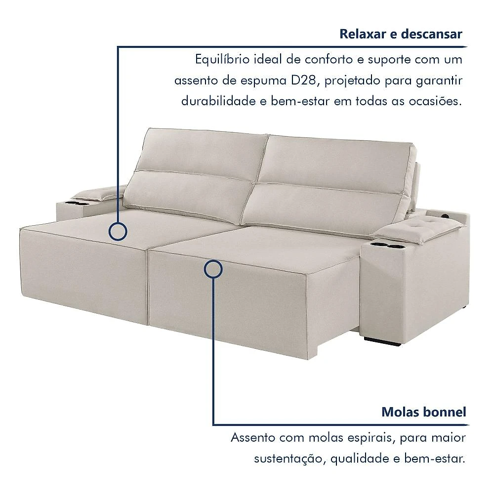 Sofá Retrátil e Reclinável 4 Lugares com Entrada USB e Porta Copos 230cm Irlanda Yescasa Sofá Retrátil e Reclinável 4 Lugares 230cm M180 Linho/Bege Claro