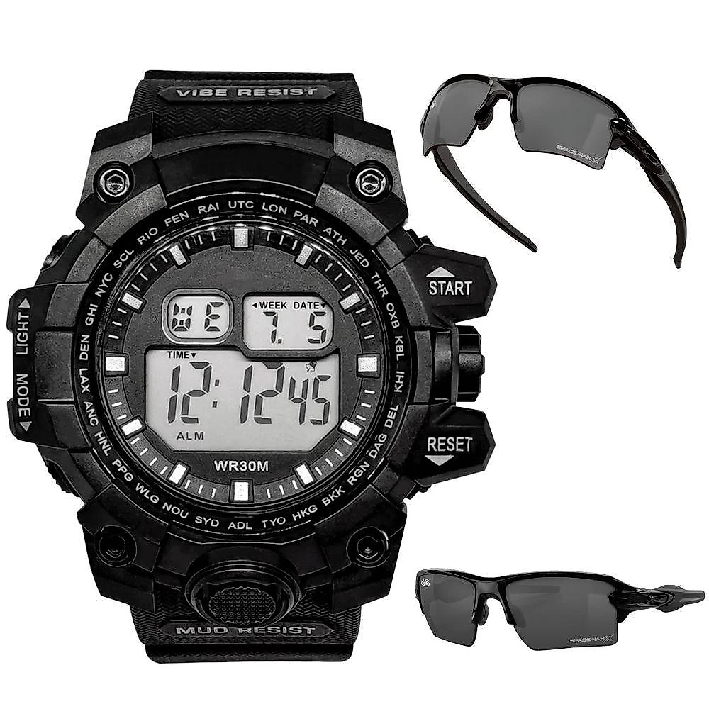 Oculos Proteção Uv + Relogio Masculino Prova Dagua Digital Resistente Acetato Alarme Cronometro Data