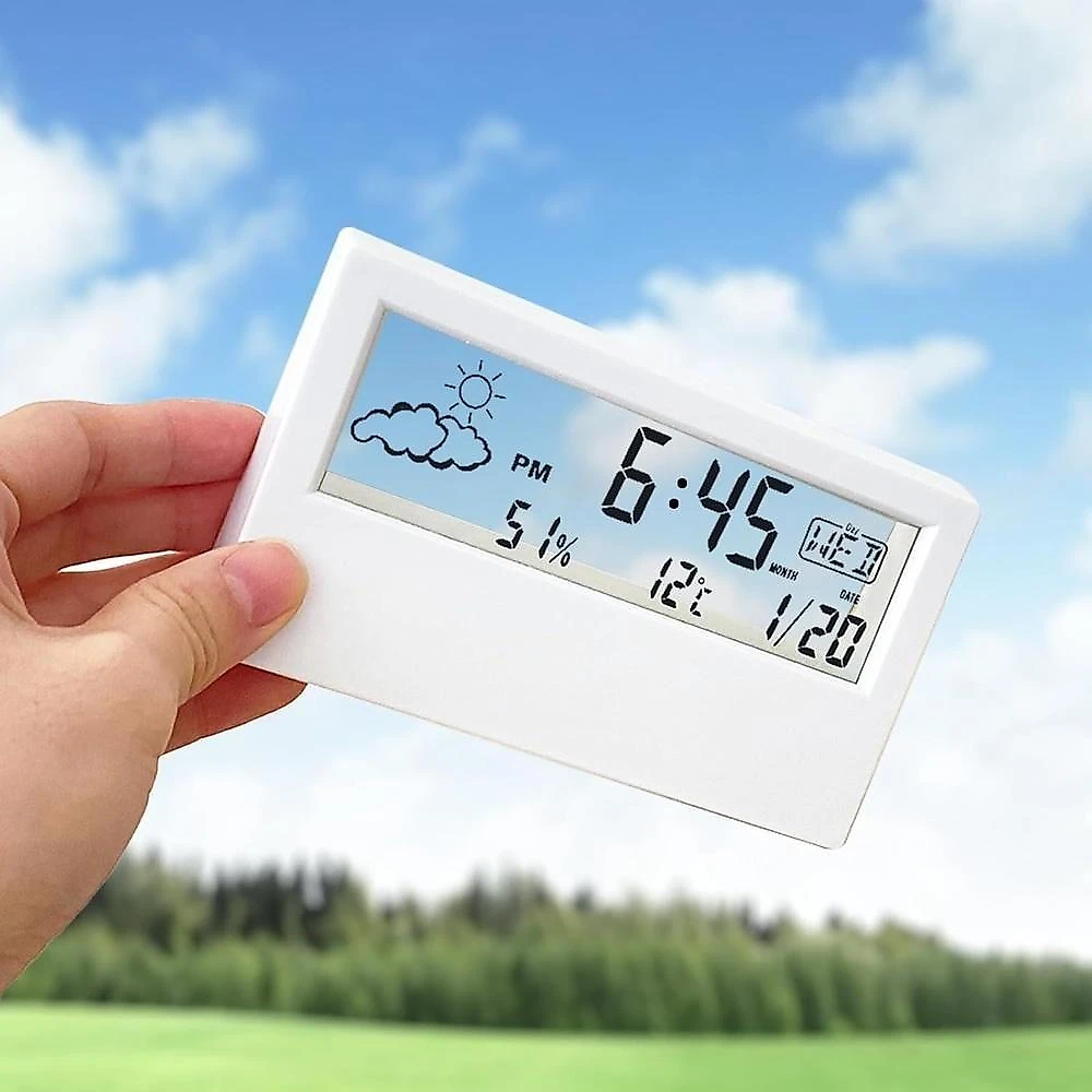Relógio de Mesa Despertador Digital LCD Sensor Clima Temperatura Branco
