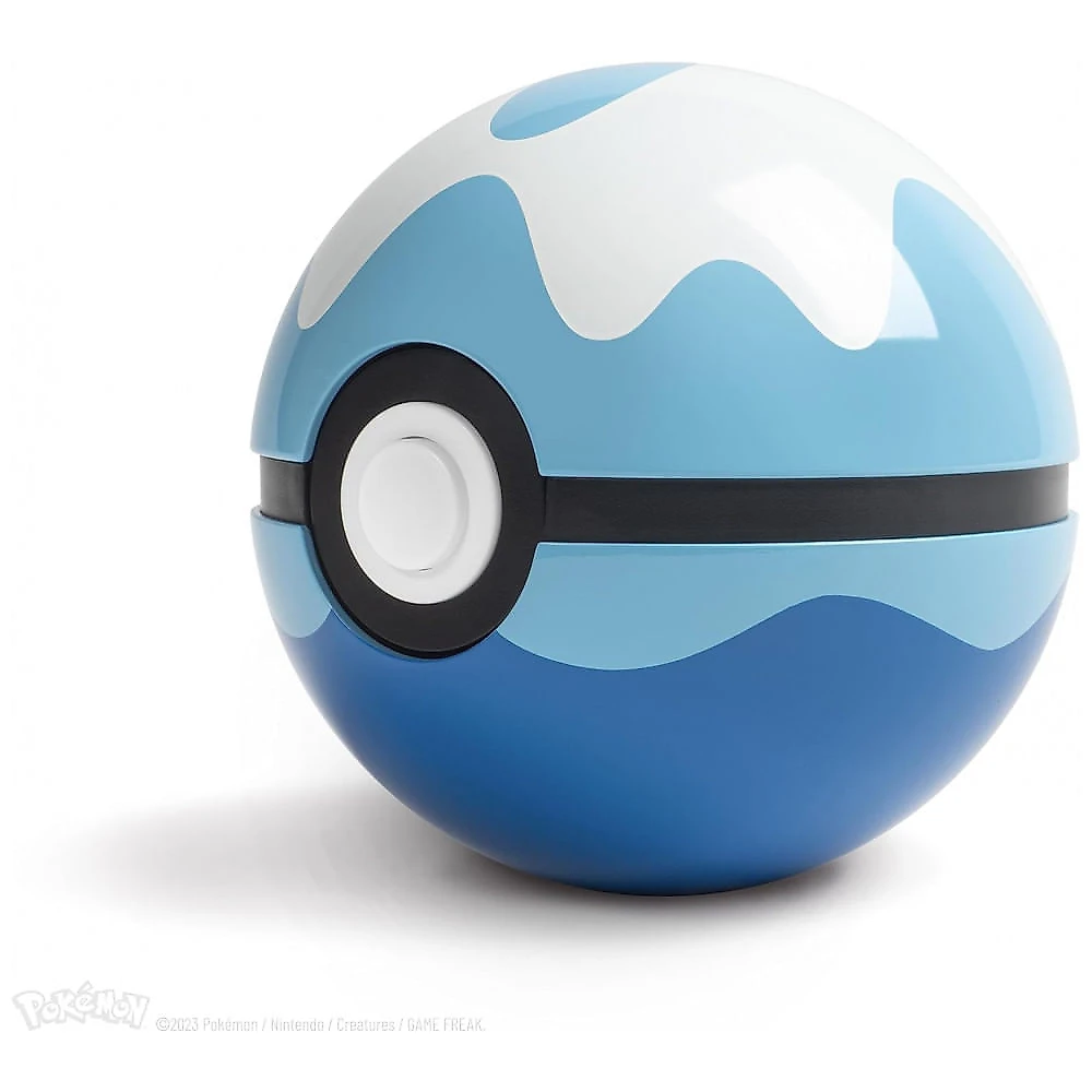 Réplica Poké Bola Dive Ball Licenciada original The Wand Company metal eletrônica com sensor de proximidade luz multicolor base expositora numerada