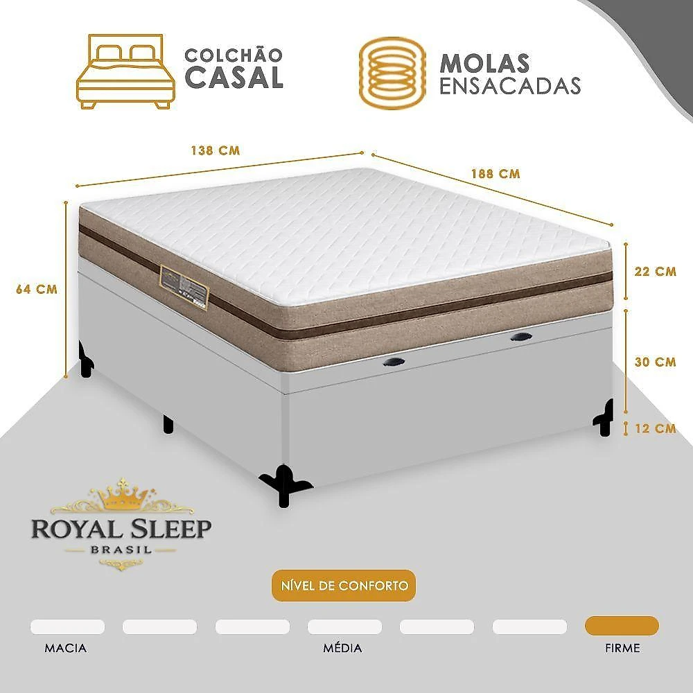 Cama Box com Baú Casal Bioclassic Molas Ensacadas Tecido Branco Royal Sleep 138CM