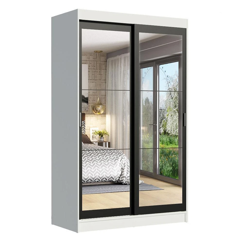 Guarda-roupa solteiro madesa tokio 2 portas de correr de espelho 2 gavetas - branco/preto
