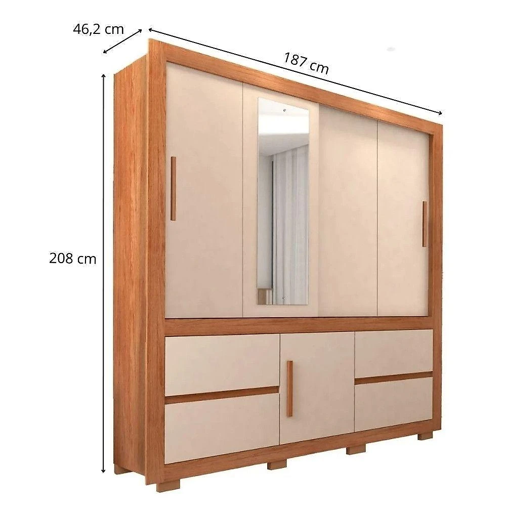 Guarda Roupa com Comoda Casal Pegasus 3 Portas de Correr 4 Gavetas Freijo-Off White Caemmun Móveis webcontinental-7898000005384