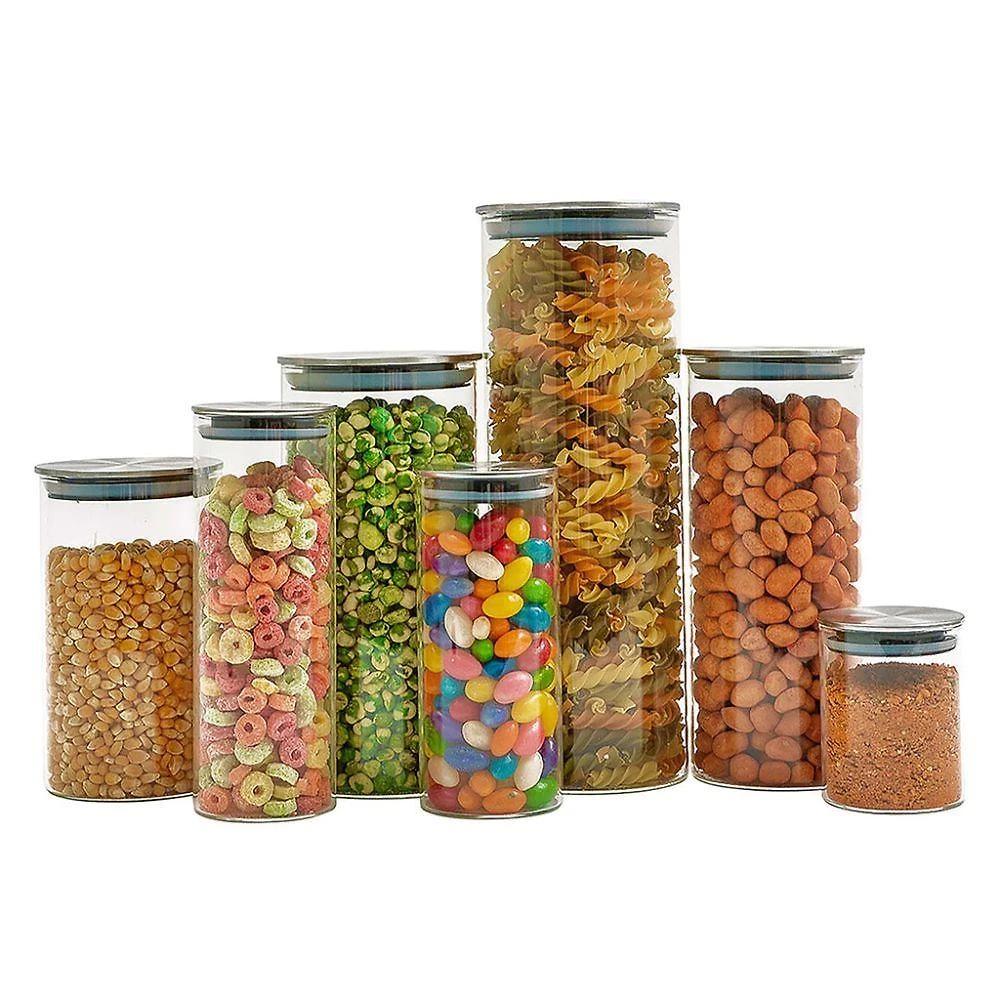 Kit 7 Potes de Vidro com Tampa Inox Tüd 210ml 450ml 550ml 700ml 950ml 1,3L 1,7L