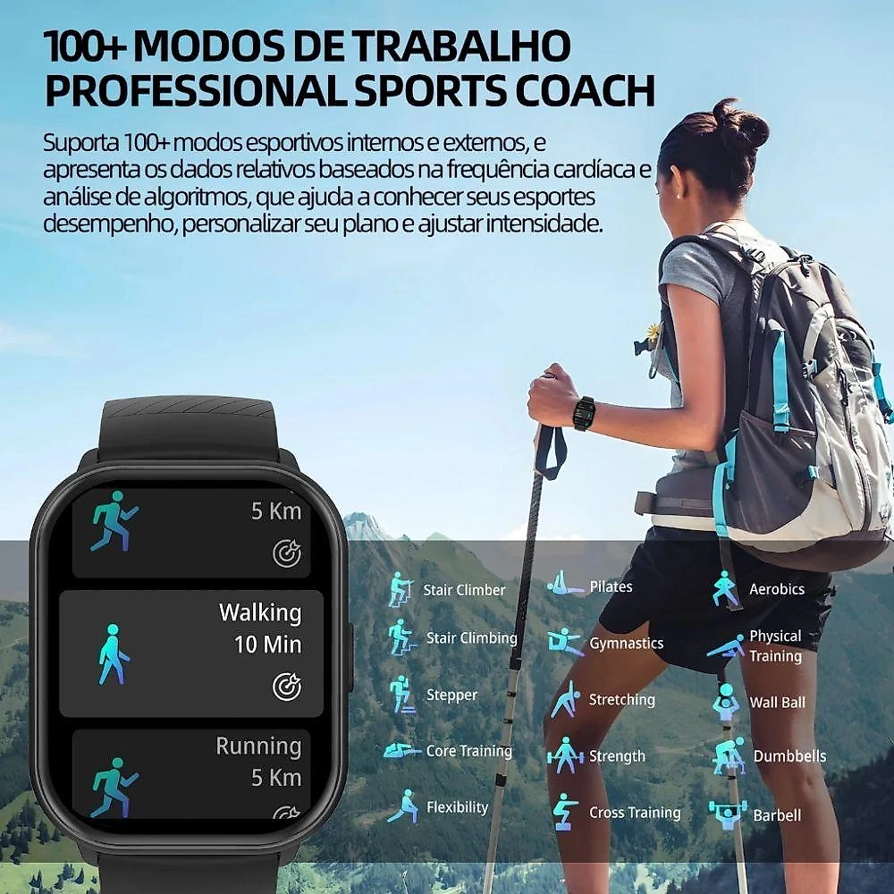 Smartwatch D20 Bettdow Tela Cheia 2,01 Monitoramento de Saúde Bateria Até 15 Dias Preto