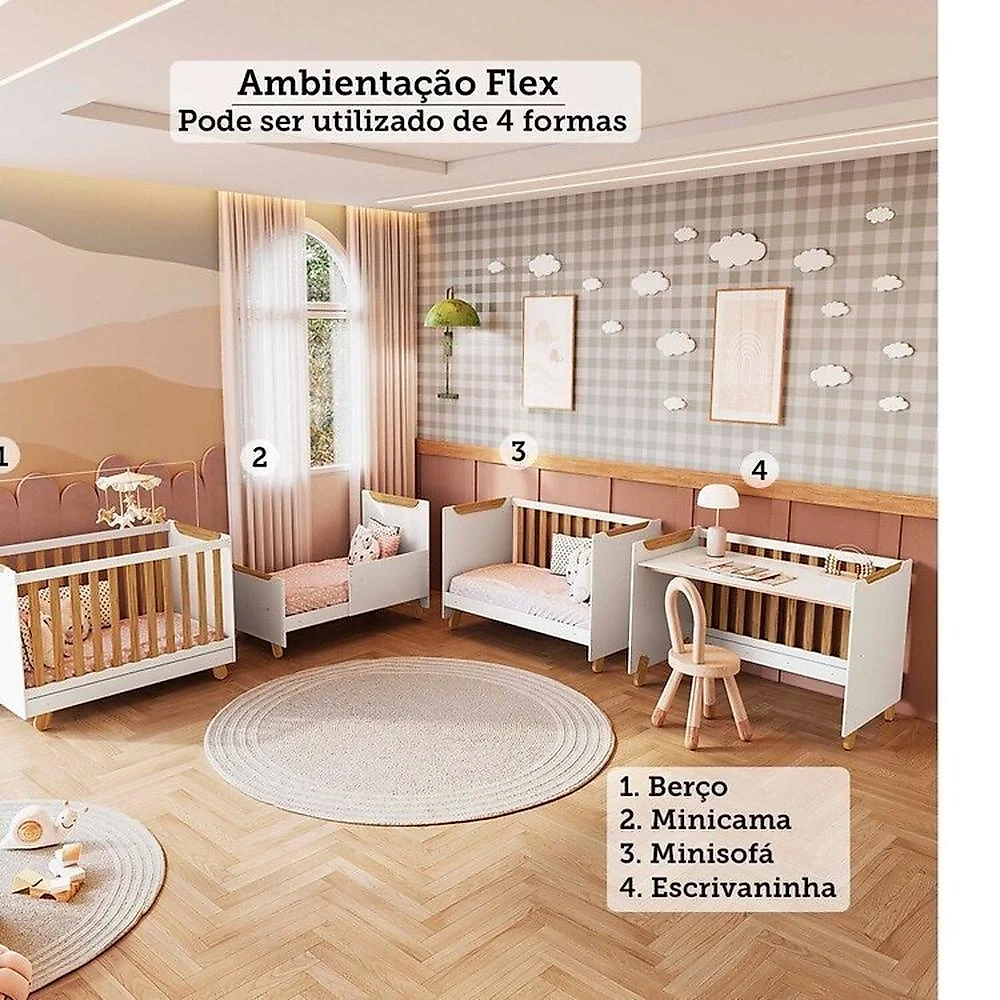 Quarto de Bebê com Cômoda 1 Porta e Berço 4 em 1 Minicama 100% MDF Mike Espresso Móveis Branco Brilho/Amêndoa