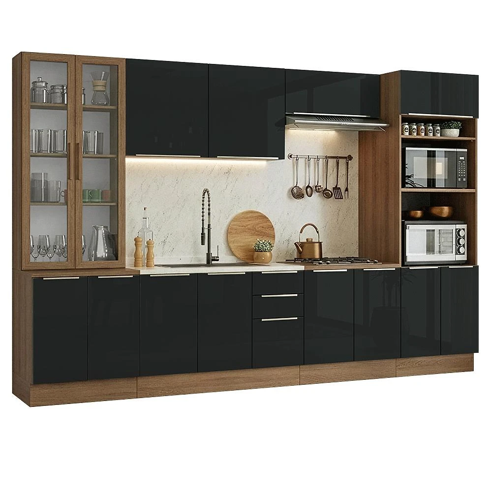 Armário de cozinha completa 340 x 60 cm rustic/preto lux madesa 04