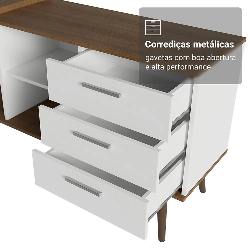 Kit 2 peças com escrivaninha em l 3 gavetas e armário multiuso com vidro rustic/branco madesa branco/rustic