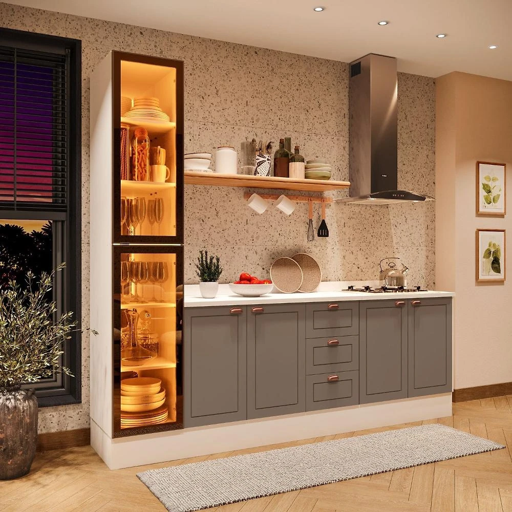 Cozinha 3 peças com Rodapé e Tampo com Cristaleira com LED Pérola Yescasa Cinza/Branco