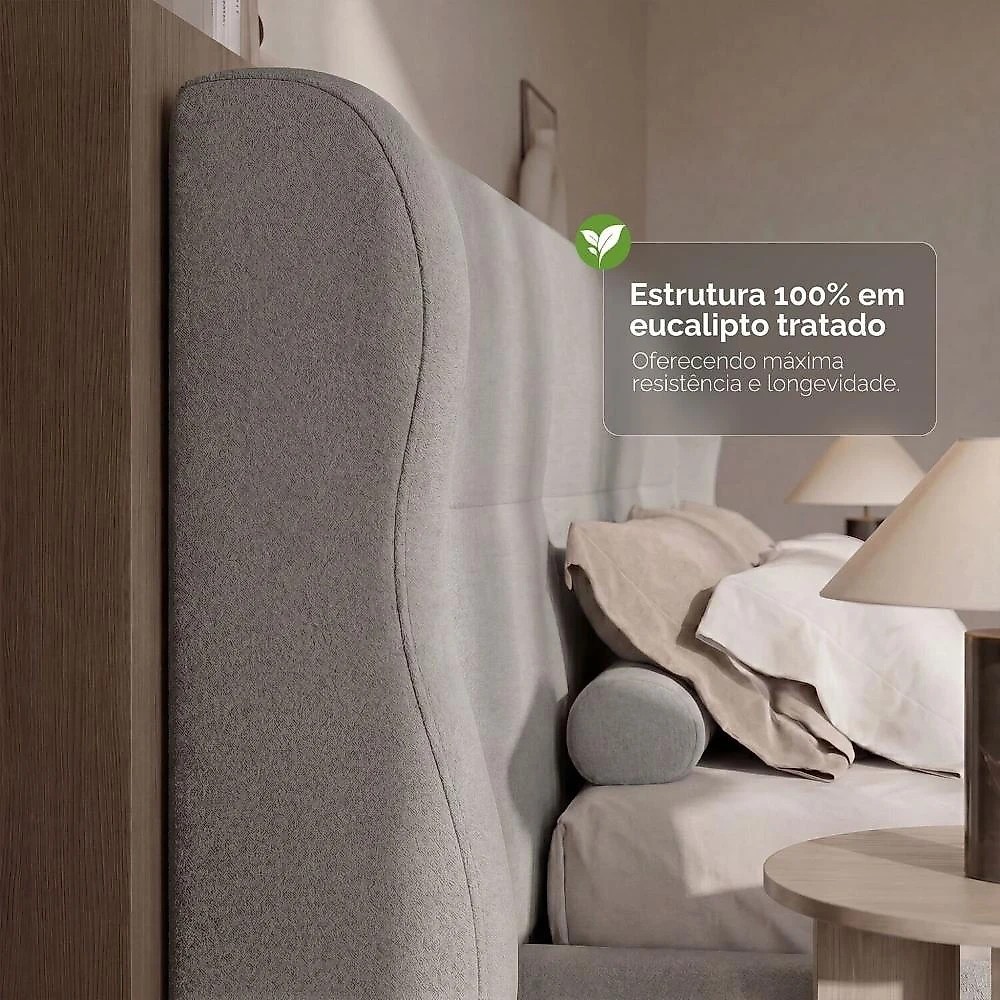 Cama Estofada Queen com Estrutura Reforçada e Design Moderno Aura Cinza