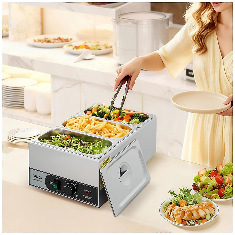 Aquecedor de Alimentos a Vapor VEVOR M-112 Inox 1200W 3 Cubas Buffet Banho-Maria 110V