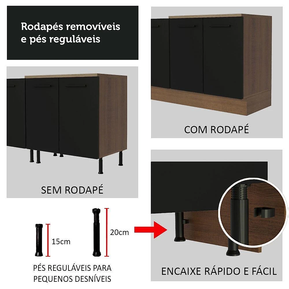 Balcão de pia cozinha 2 portas rustic/preto agata madesa