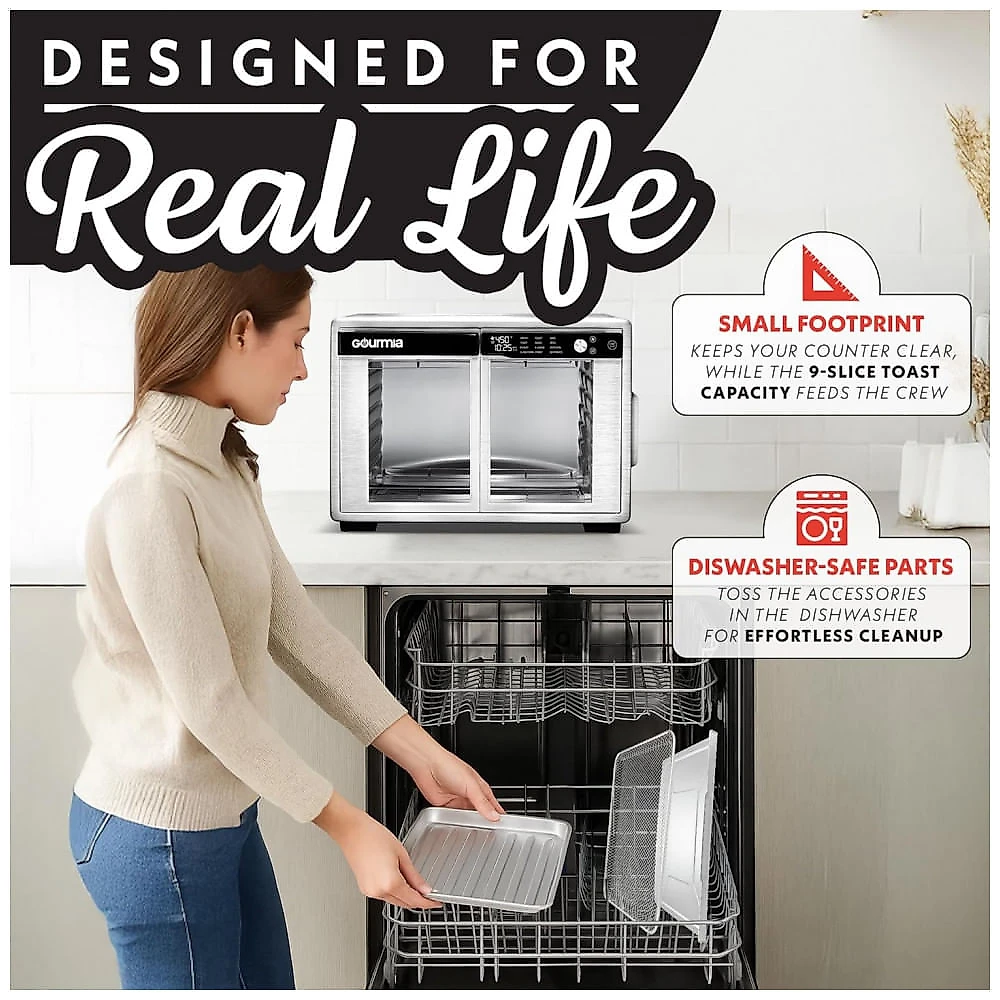 Gourmia Forno Air Fryer French Door 37 Qt Capacidade Grande, 12 Funções, Display Digital, Aço Inox Prata
