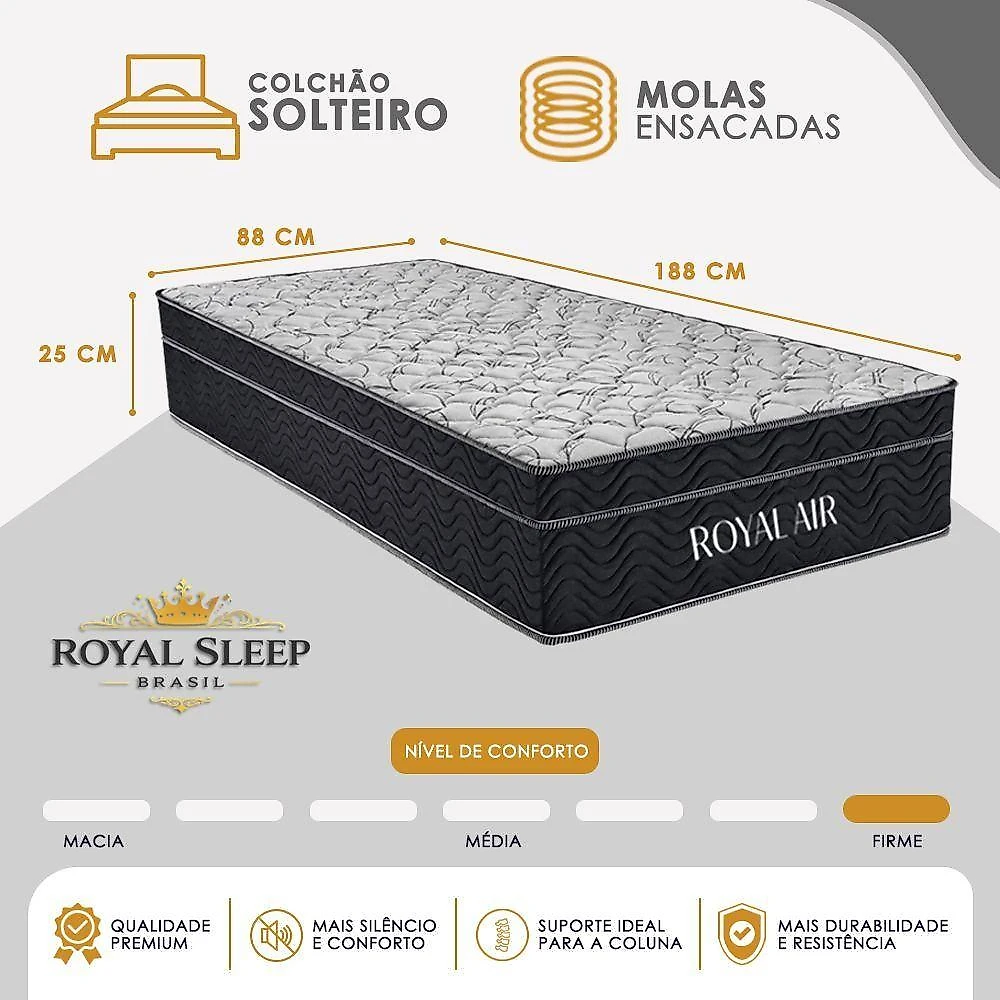 Cama Box Solteiro Royal Air Pillow Top Molas Ensacadas Sintético Preto