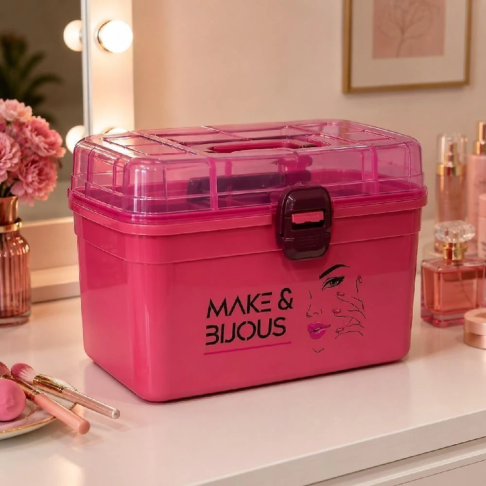 Frasqueira Grande Rosa Organiza Maquiagem Cosméticos Multiuso Bandeja Interna Removível