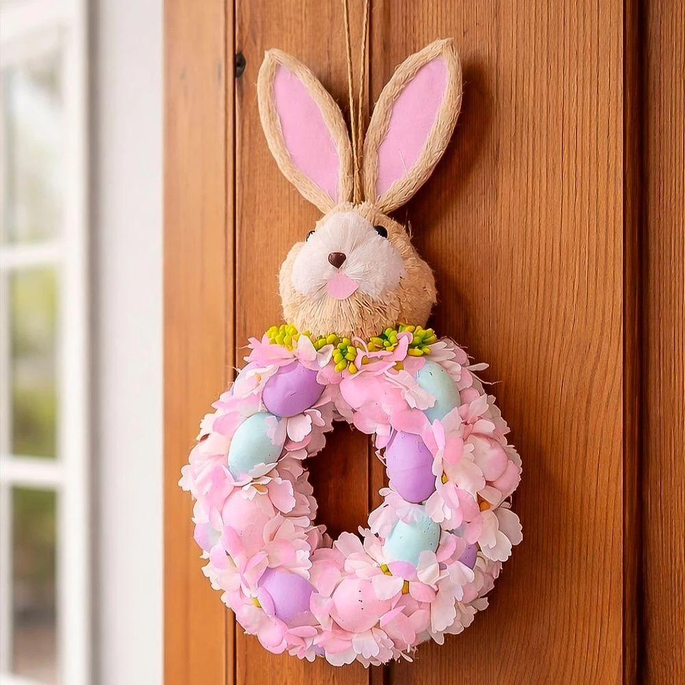 Enfeite de Decoração Guirlanda Pendente Cabeça de Coelho com Ovos e Flores Rosa