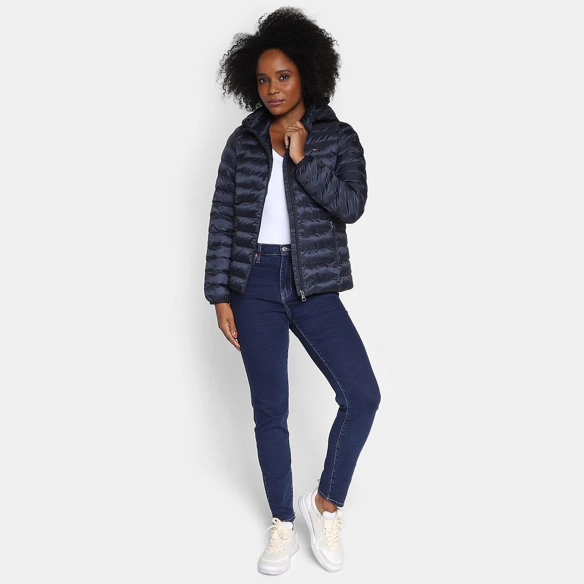 Miniatura Jaqueta Puffer Tommy Hilfiger Padded Global Stripe Com Capuz Feminina Marinho - G