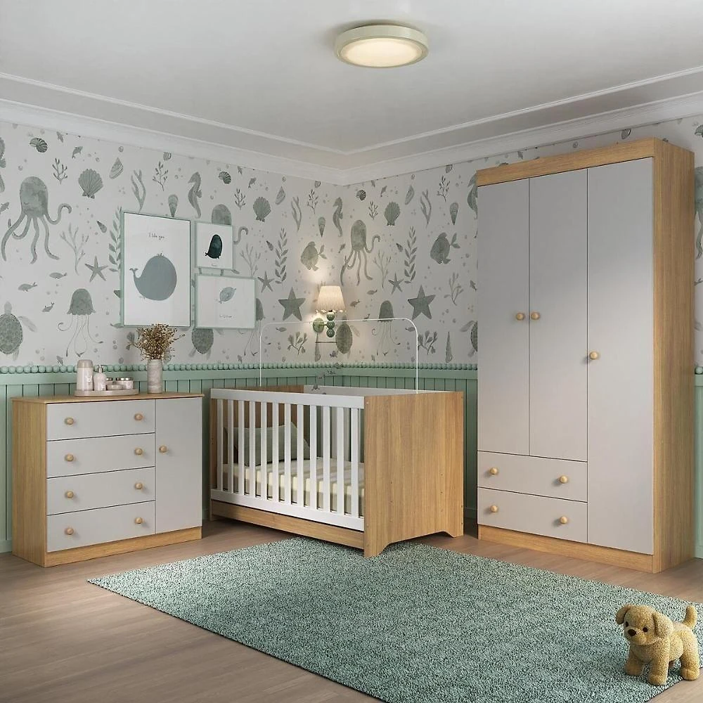 Quarto De Bebê Completo Com Berço Americano 3 Em 1 Encanto Multimóveis MP4589 Madeirado-off White