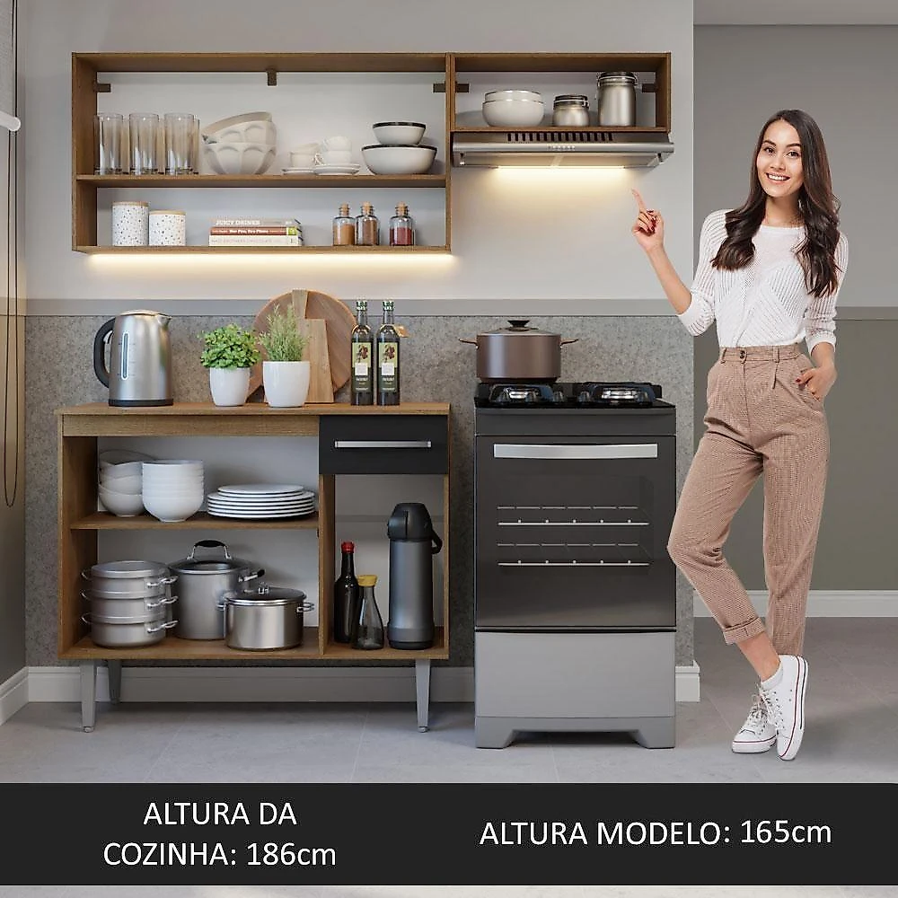 Armário De Cozinha Compacta 165cm Rustic-preto Emilly Madesa 07 Rustic-preto
