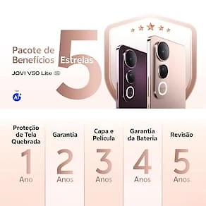 Smartphone JOVI V50 Lite 5G Ouro Titânio 256GB, 8GB RAM, Dimensity 6300, Tela AMOLED 6.77" 120Hz, Câmera Traseira 50MP, Android 15 e IP65 Ouro