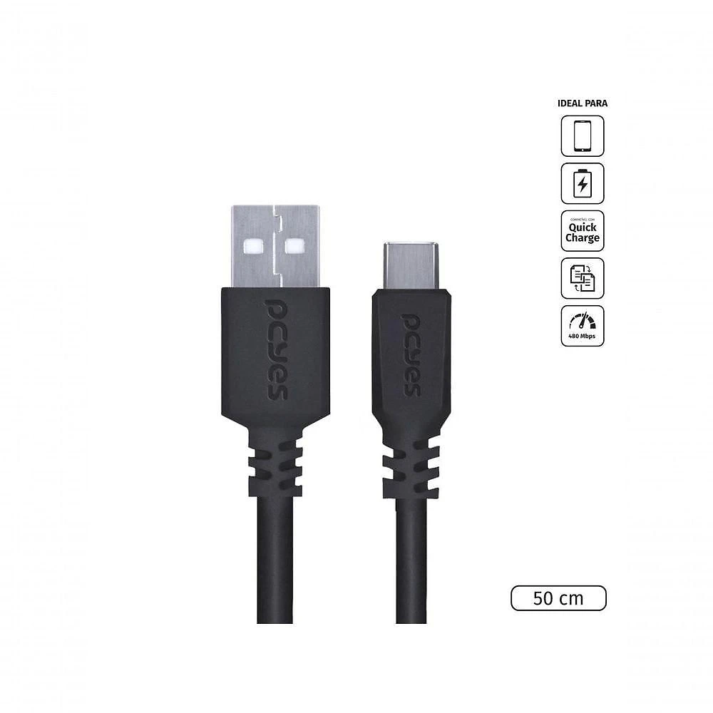 Cabo Usb a 2.0 para Usb Tipo C Pcyes para Celular 480Mbps 5V 3A Cobre Puro 50cm 1 Unidade