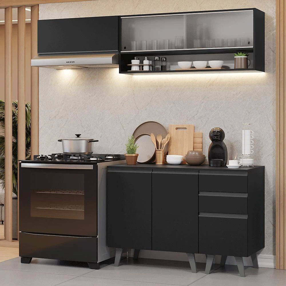 Armário de Cozinha Compacta 200 cm Preto Nice Madesa 13