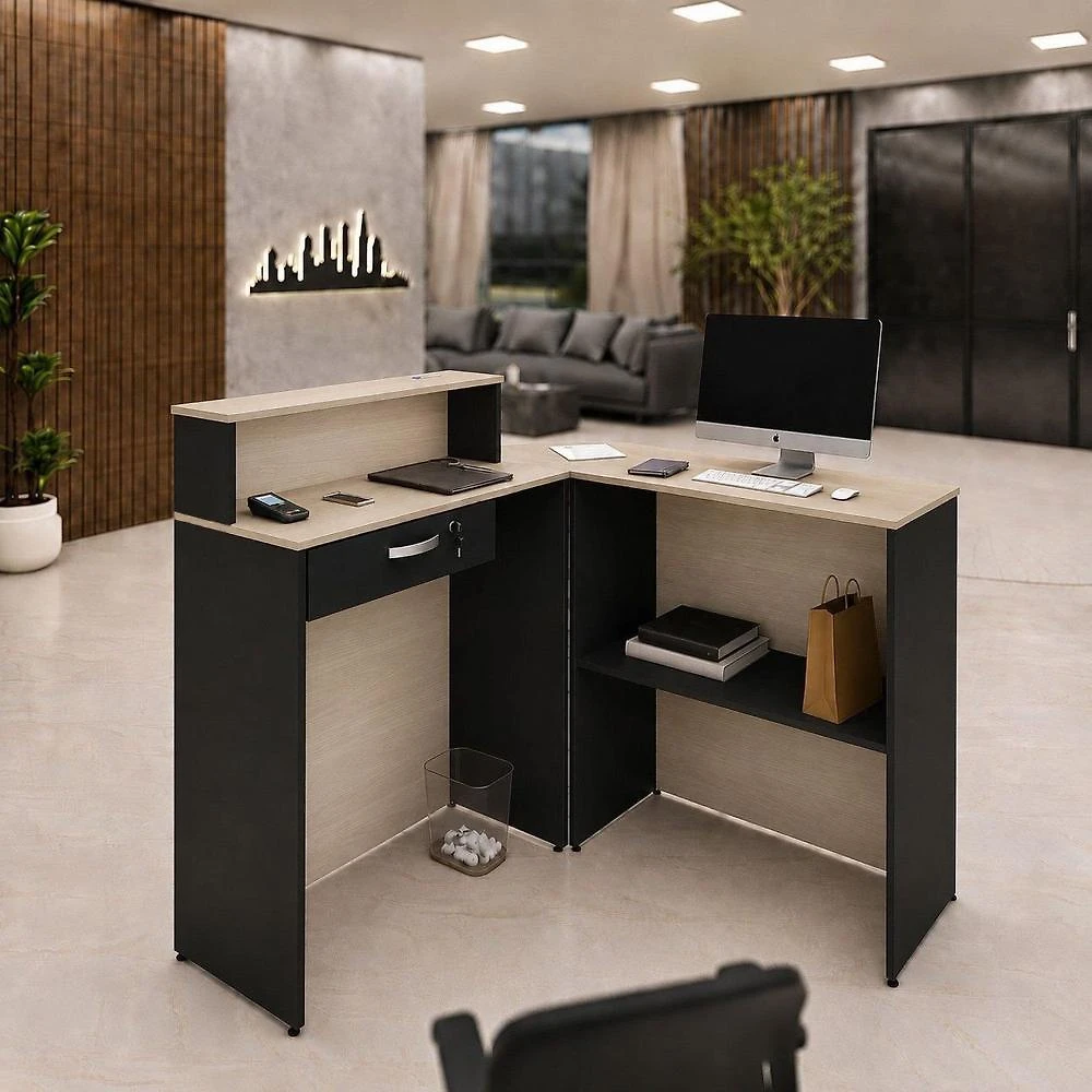 Balcão Caixa em L Atendimento e Recepção 82x40 Comercial MDP com Gaveta e Fechadura Dubai/Preto