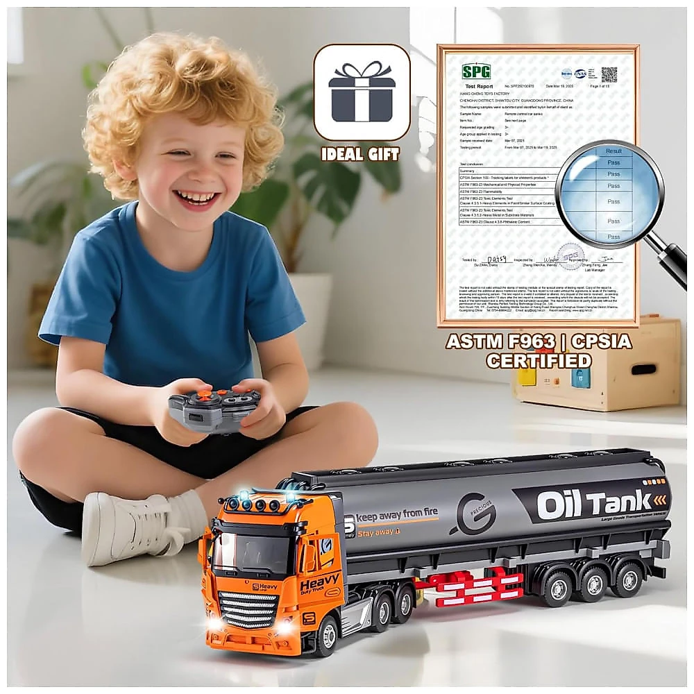 Caminhão Semi Truck de Controle Remoto com 9 Canais e Reboque de Metal, Caminhão Tanque de Óleo com Controle Remoto 2.4Ghz, Luzes e Sons, WEMOKA