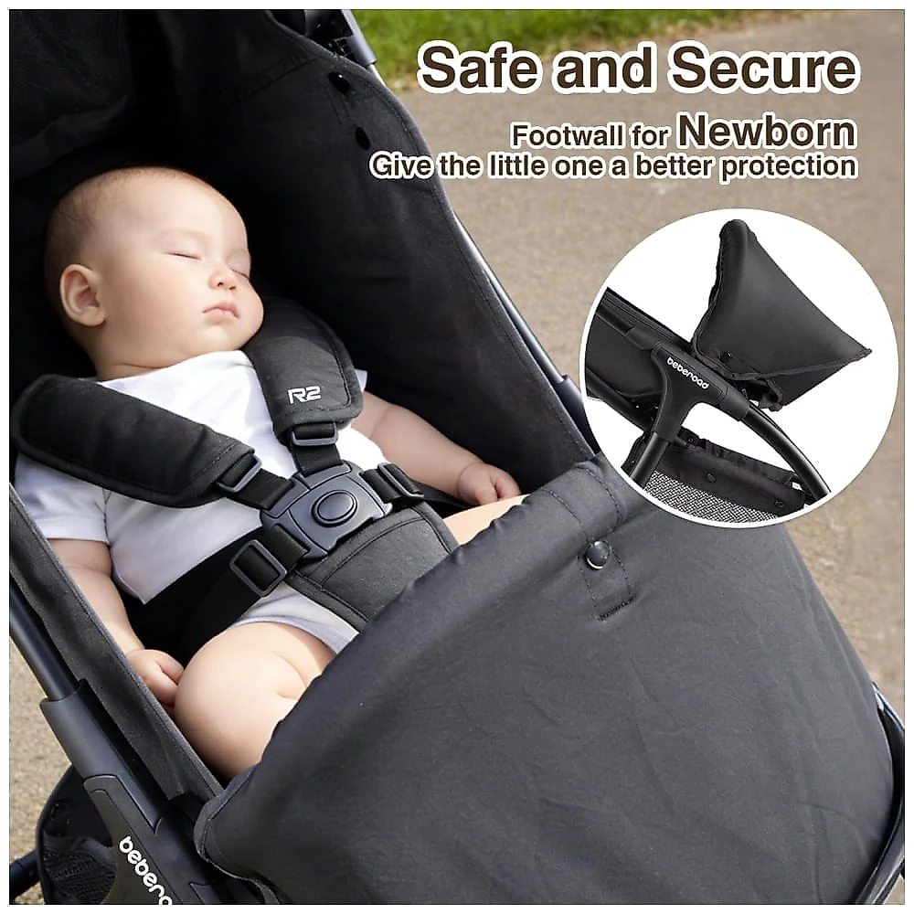 Carrinho de Bebê Beberoad R2 Preto Ultra Compacto para Viagem Dobrável com Uma Mão até 20,4 kg