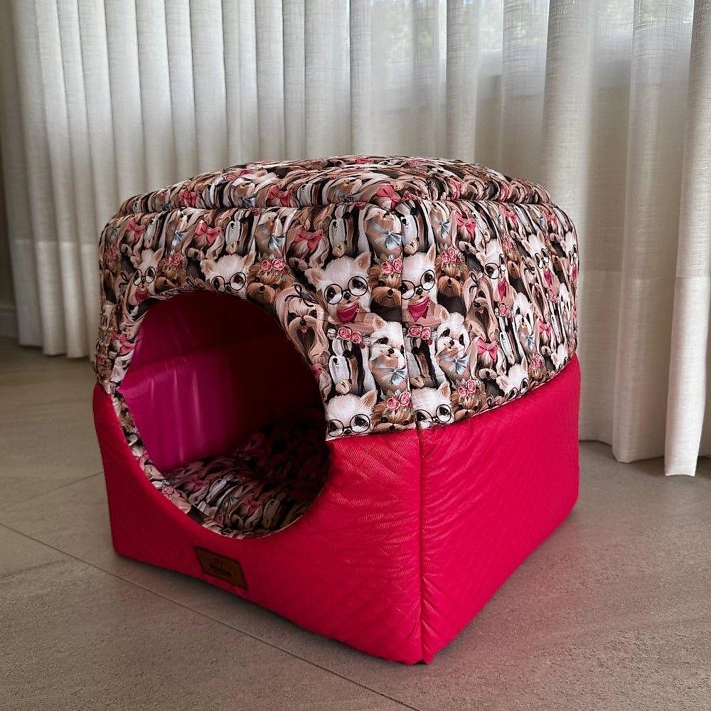 Cama Para Cachorro Toca Quadrada Em Corino + Poliéster Rosa Grande (g) 50 X 50 X 50 Cm