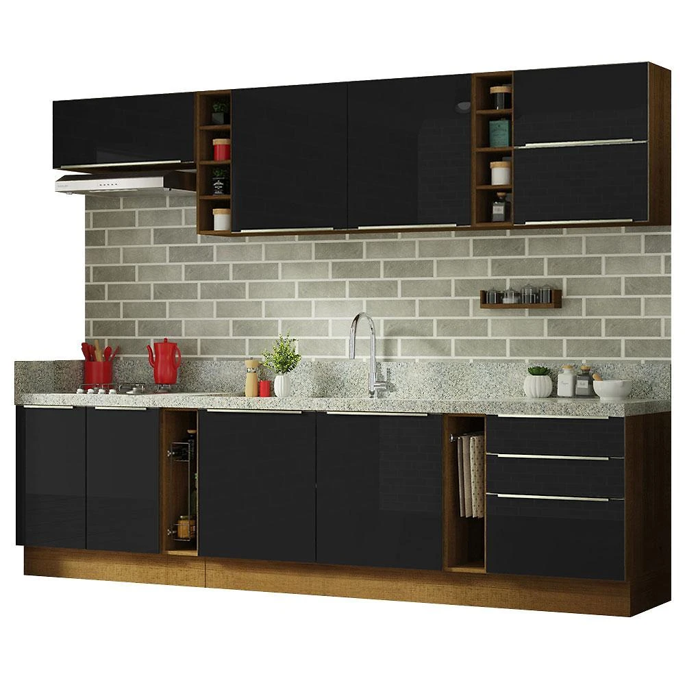 Armário de cozinha completa 300cm rustic/preto lux da sabrina madesa