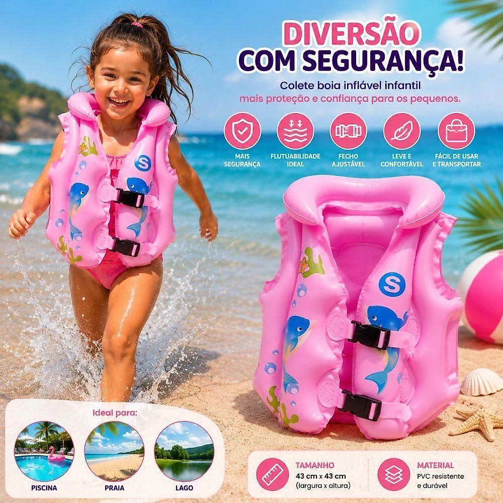 Colete Boia Inflável Infantil Rosa com Flutuabilidade Ideal para Piscina Praia Lago 43CM