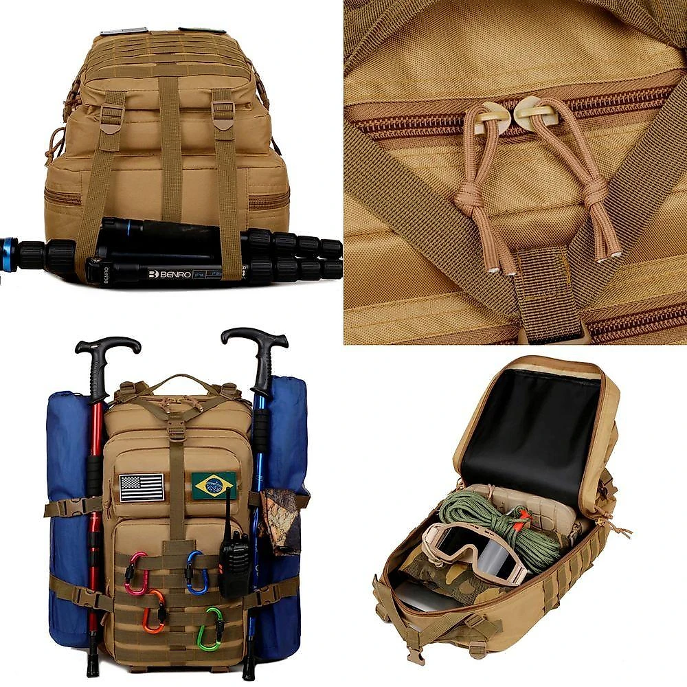Mochila Militar Tática Outras Marcas Impermeável 50L Bege com Sistema MOLLE e Patches com Uso
