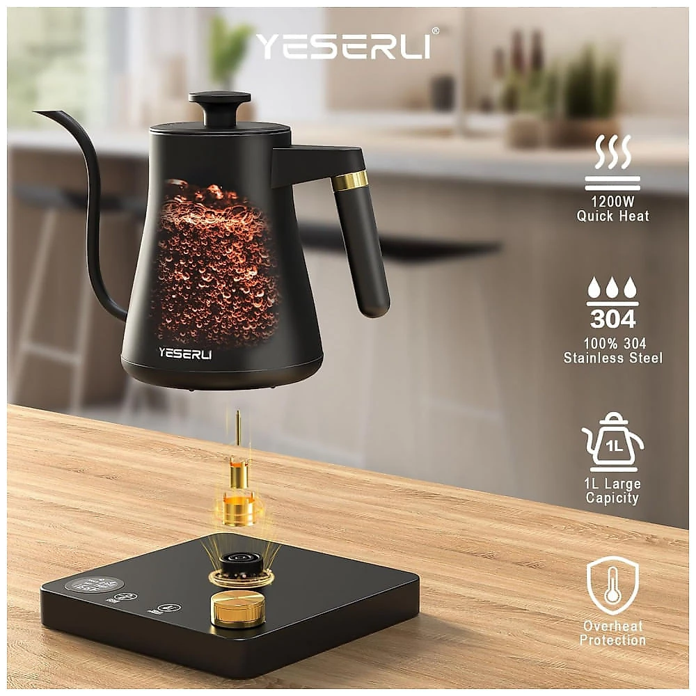 Chaleira Elétrica 1L Pescoço de Ganso com Controle de Temperatura e Display Digital, 110V 1200W, YESERLI, Preto Fosco