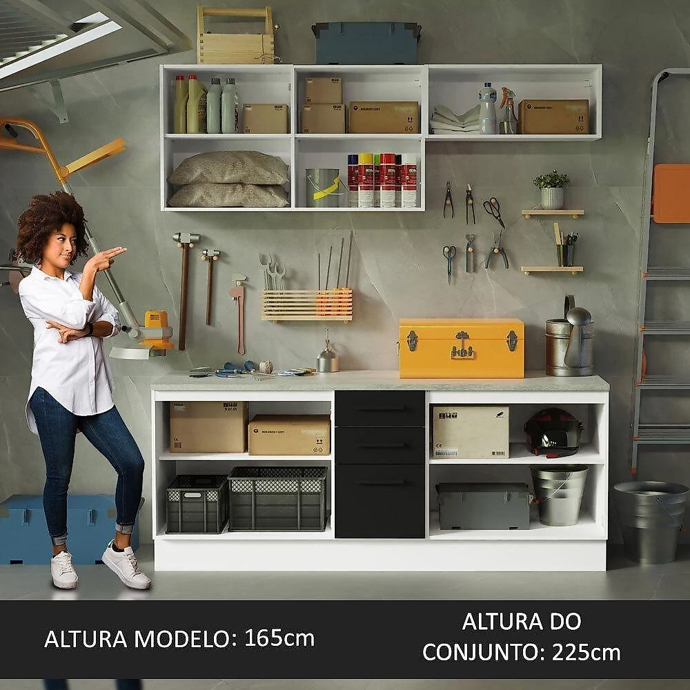 Kit Com 2 Balcões E 2 Armários Aéreos Multiuso 200cm Branco/preto Agata Madesa Branco/preto