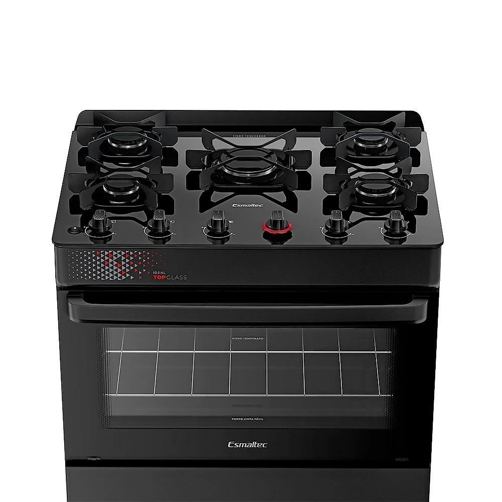 Fogão A Gás Mesa De Vidro Forno 84L Esmaltec Ideal Top Glass Preto 5 Bocas Bivolt