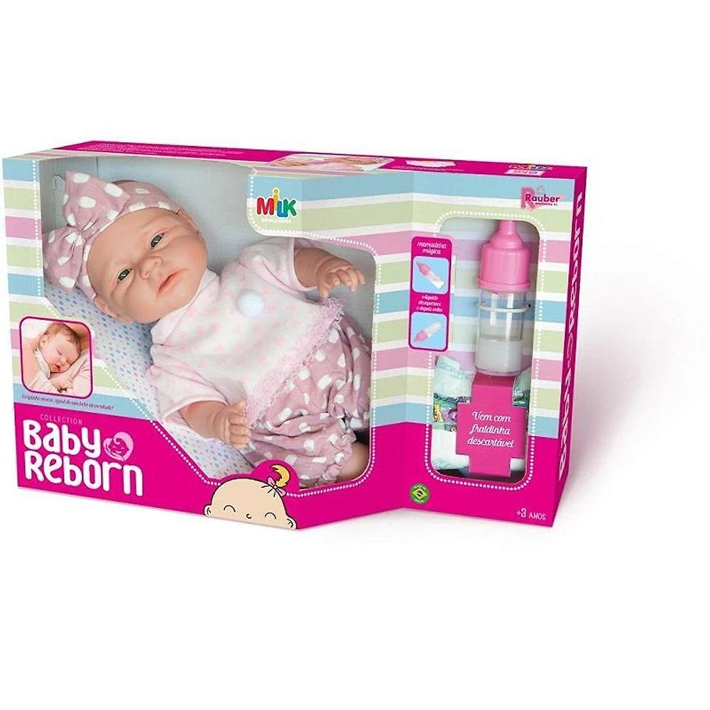 Boneca Bebê Reborn 34cm com Mamadeira Mágica e Fraldinha Milk