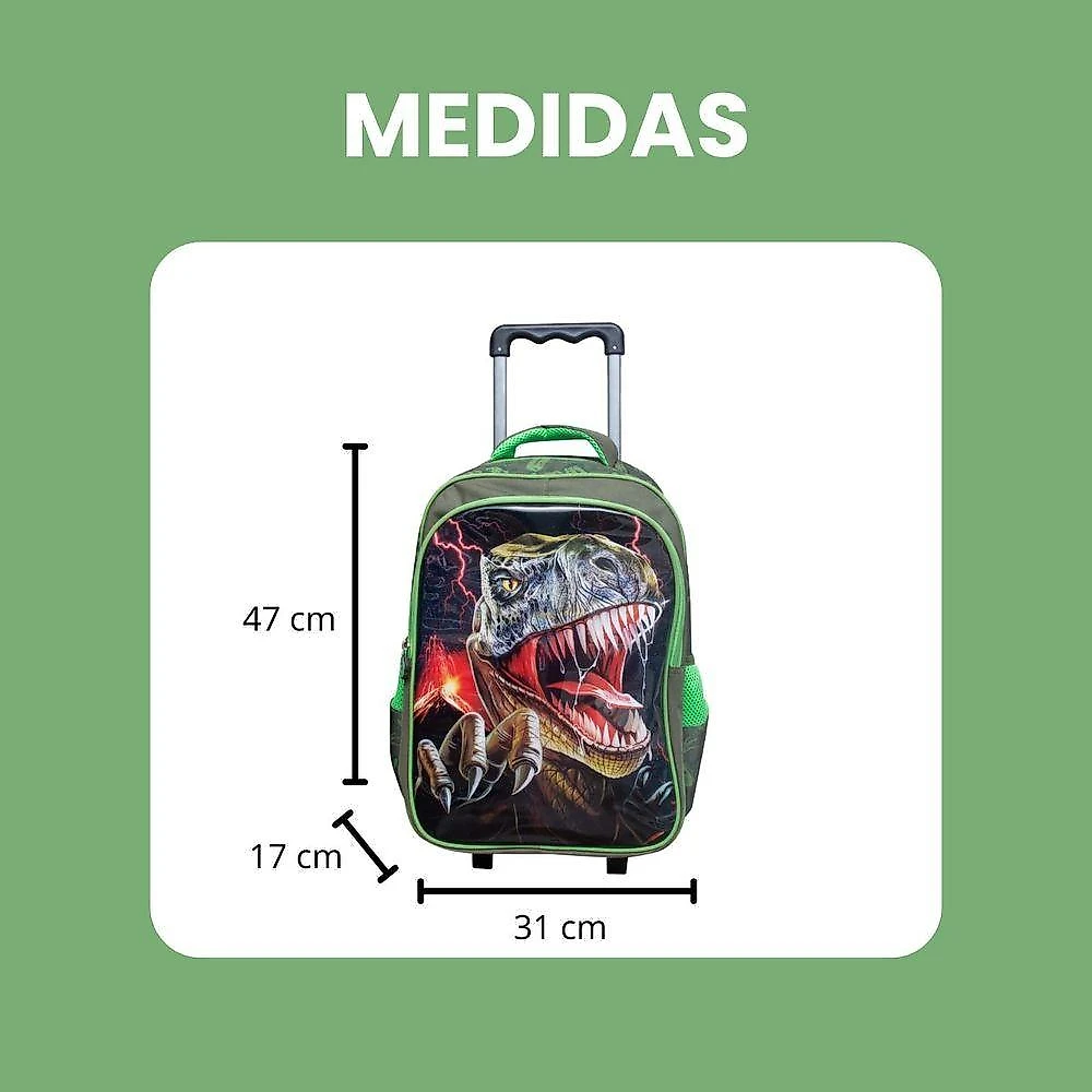 Kit Escolar Trex Para Meninos Mochila + Lancheira + Estojo Reforçada Resistente 17' - Trex Attack Verde Escuro