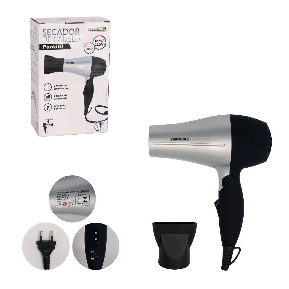 Secador de Cabelo Portátil 1200W 2 Temperaturas Cinza Startools para Uso Doméstico Bivolt